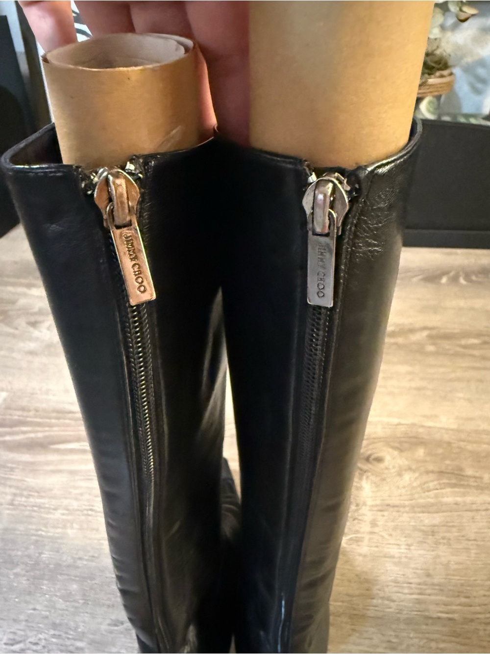 Vintage Jimmy Choo Peony Black Leather Pointed Toe Knee High Heeled Boots - Picture 9 of 16